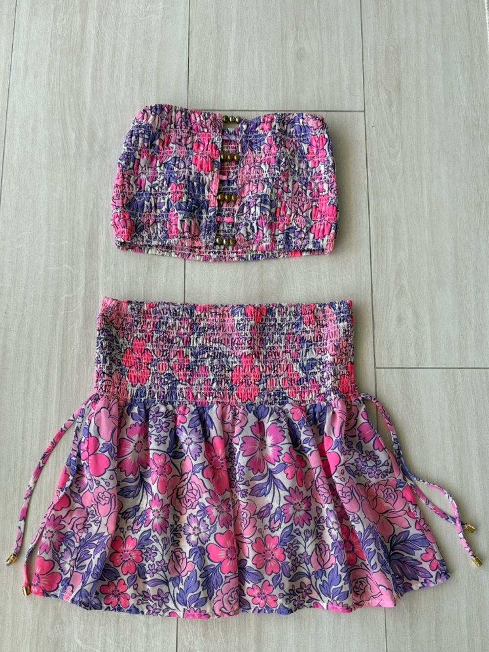 Beach Bunny Pink & Purple Floral Two-Piece Crop Top and Mini Skirt Set